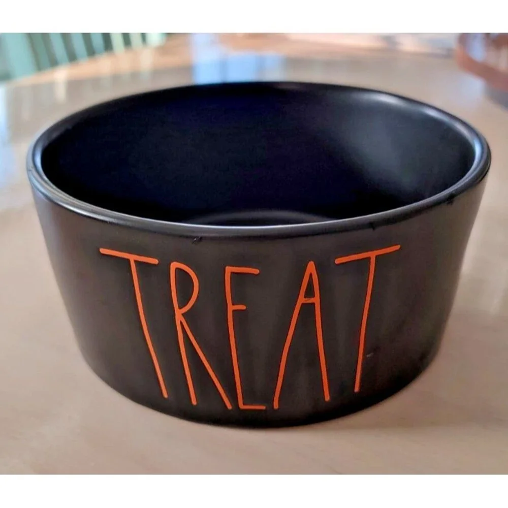 Rae Dunn TREAT Halloween Black Orange Pet Dog Food/ Water 6x3
